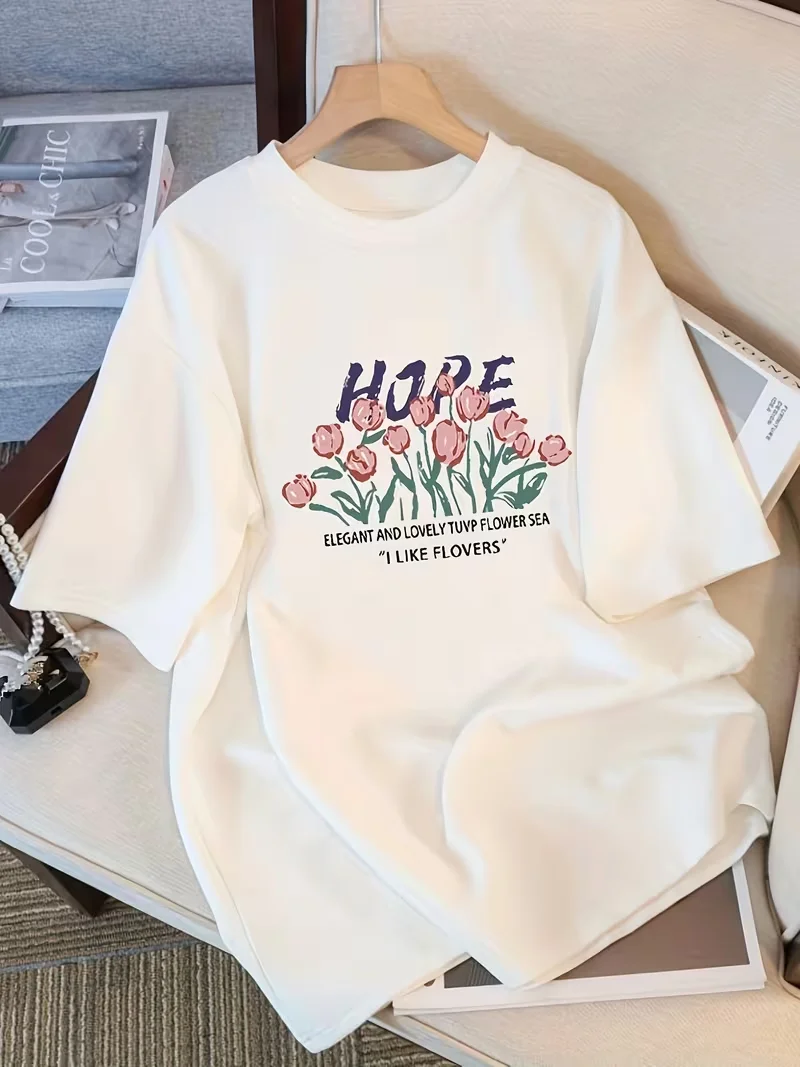 Spring and Summer Tulip T Shirt Casual Floral Print Short Sleeve Crew Neck Soft Breathable Eco Friendly Women Everyday Wear
