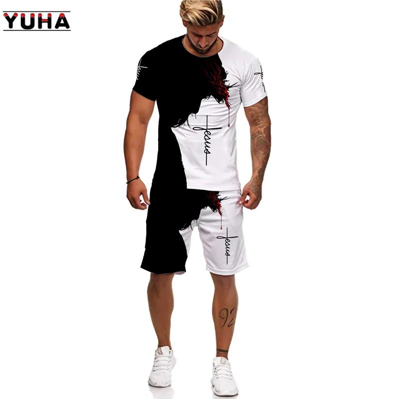 YUHA,Summer 3D Lion Cross Printed Men\'s T-shirt/Shorts/Suit Short Sleeve Jesus Love Everone Christian Street Wear 2 Pcs