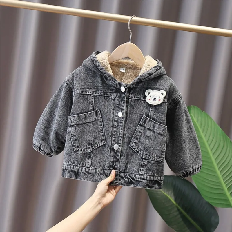 2024 Korean Autumn Winter Girl Denim Jacket Cartoon Bear Hooded Plus Velvet Littie Boy Outerwear Coat 1-6 Year Kids Parka Outfit