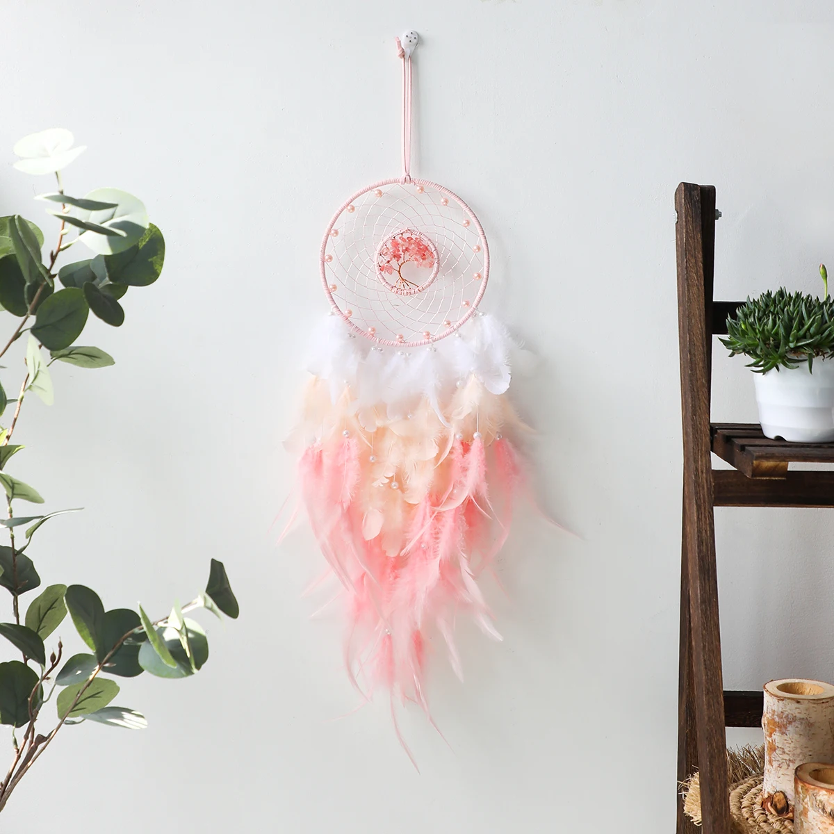 Pink Dream Catcher with Tree of Life Healing Crystal Stone Home  kawaii Room Decor Pink Teen room decoration Nursery Decor Gift