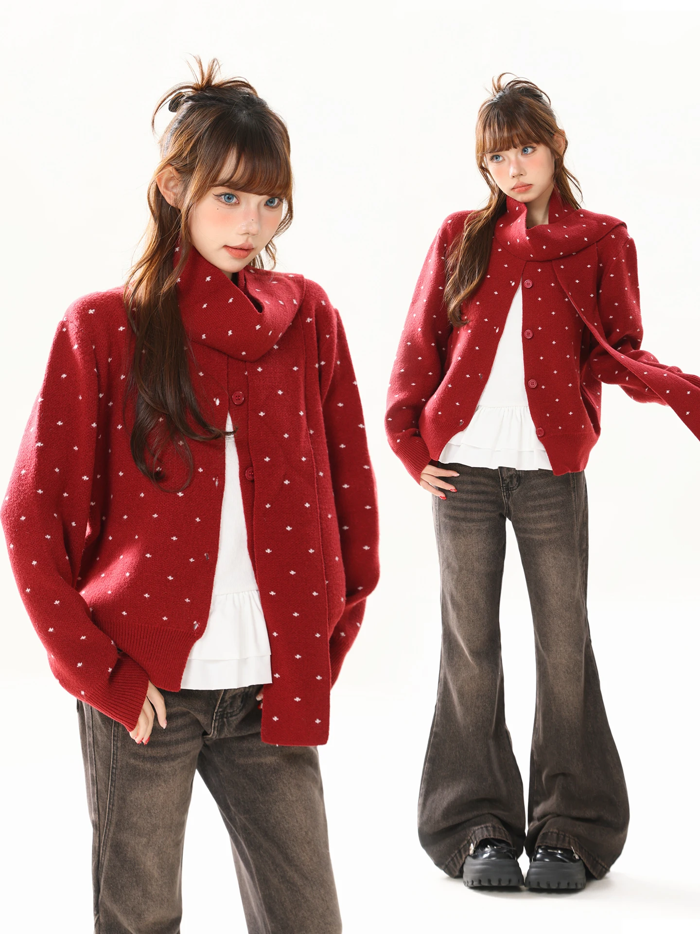 

Красный вязаный короткий кардиган для женщин в корейском стиле, зимняя верхняя одежда с шарфом, мягкий уютный свитер для новогодних праздников