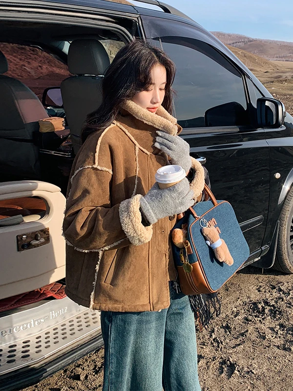 เสื้อแจ็คเก็ตขนแกะสำหรับผู้หญิง บุหนา อุ่นสบาย บุขนด้านใน หนังและขนสัตว์ผสมผสาน ฤดูใบไม้ร่วง ฤดูหนาว รุ่นใหม่ สไตล์ลำลอง ทรงตรง