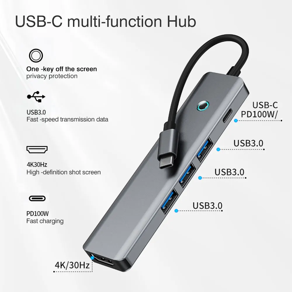 

5-in-1 USB C Hub docking station, one-button switch screen, USB C to HDMI 4K port, PD power supply, 3 USB 3.0 Fast transmission