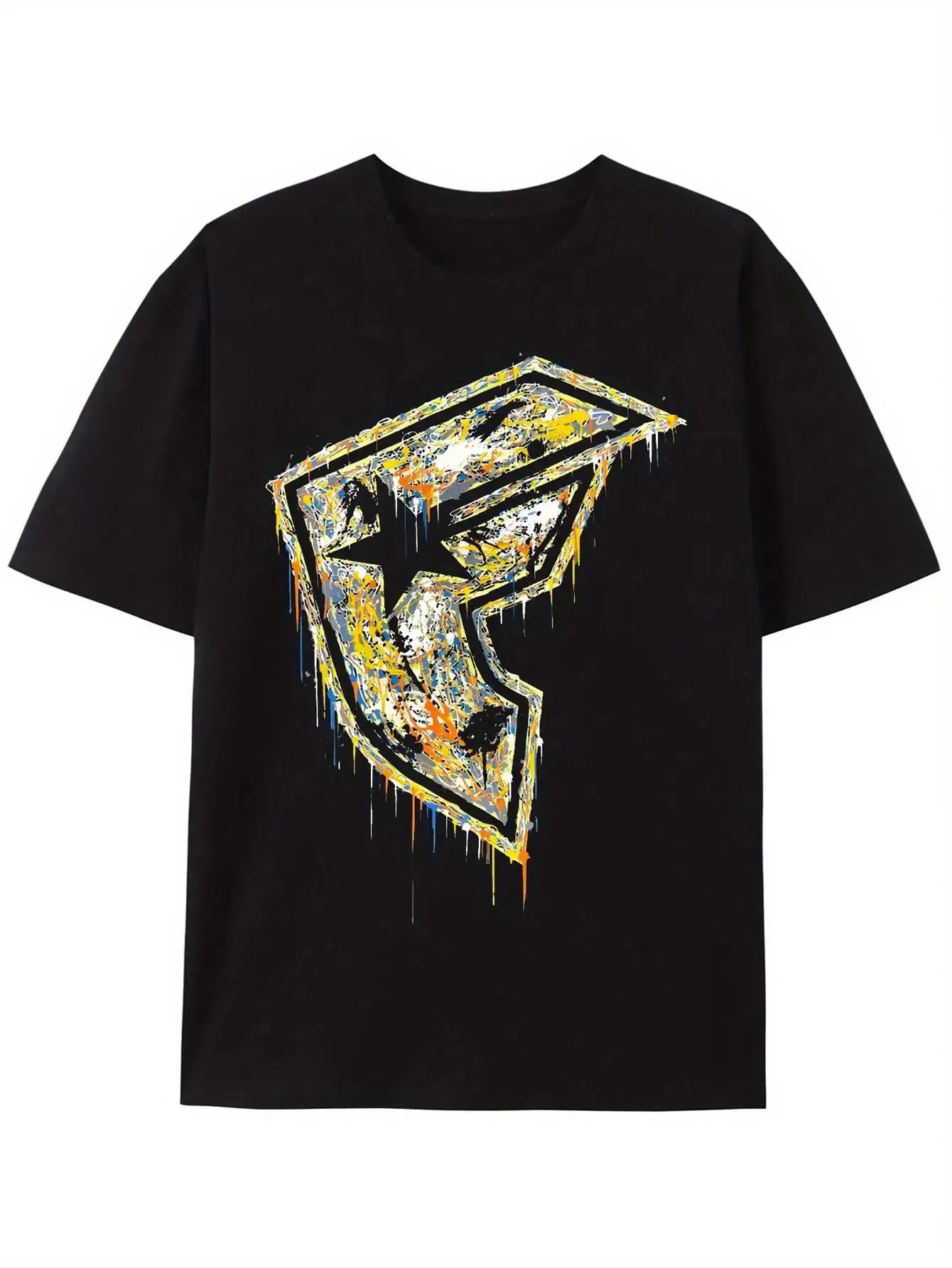 Men's Plus Size 1 Retro Y2K Printed T-Shirt, Black Geometric Paint Drip Logo - Regular Fit, Crew Neck, Short Sleeve, Breathable, Casual Street Style, Suitable for Spring, Summer, and Year-Round Wear - Urban Fashion Essential