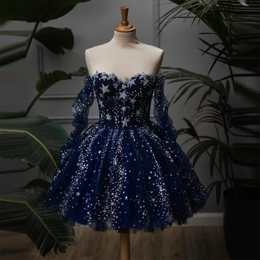 

Sevintage Glitter Navy Blue Starry Tulle Prom Dresses Long Sleeves Sweetheart Pleat Ruched Mini Evening Gowns Formal Party Dress