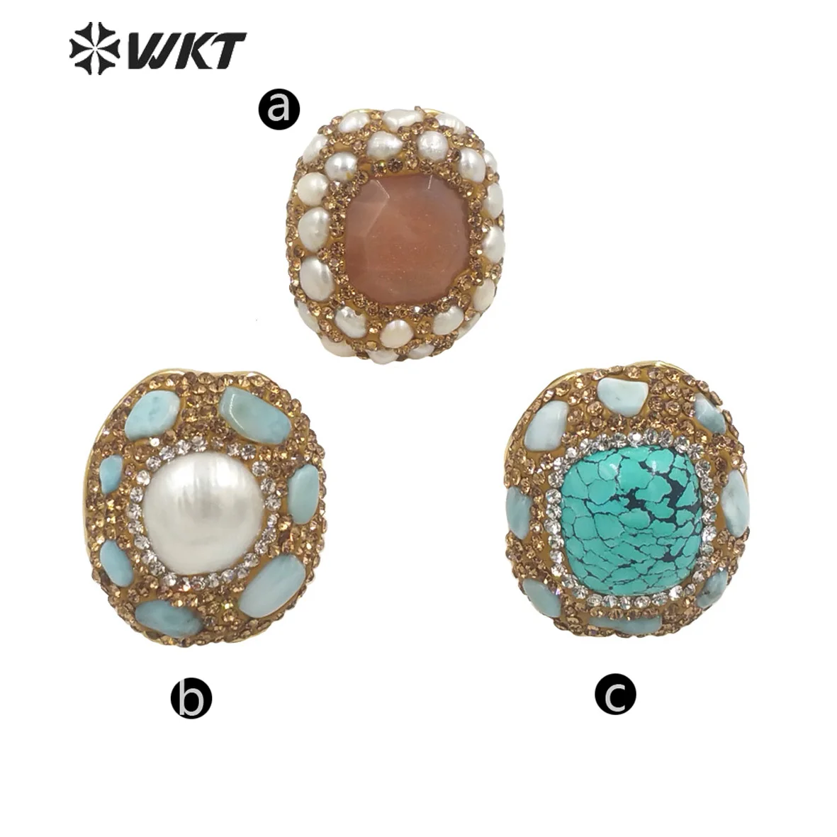 WT-R445 بالجملة موضة 18K مطلية بالذهب رائع حجر الراين ديكور الفيروز اللؤلؤ خاتم الحفلات ارتداء اليومي النساء ACC #2