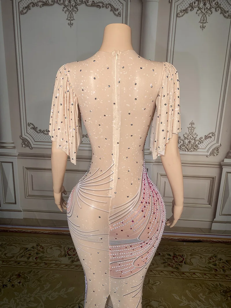ชุดราตรีวันเกิดสะโพกชุด Rhinestone บาร์ประสิทธิภาพตาข่ายชุดราตรีโฮสต์ Vestido Con Piedras Y Cristales Lujo