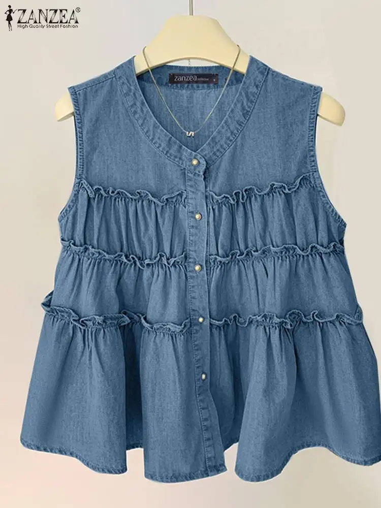 

Fashion Buttons Down Shirt ZANZEA Women Denim Blue Tanks Tops Summer Sleeveless Ruffles Blouse Casual Solid Work Camis Chemise