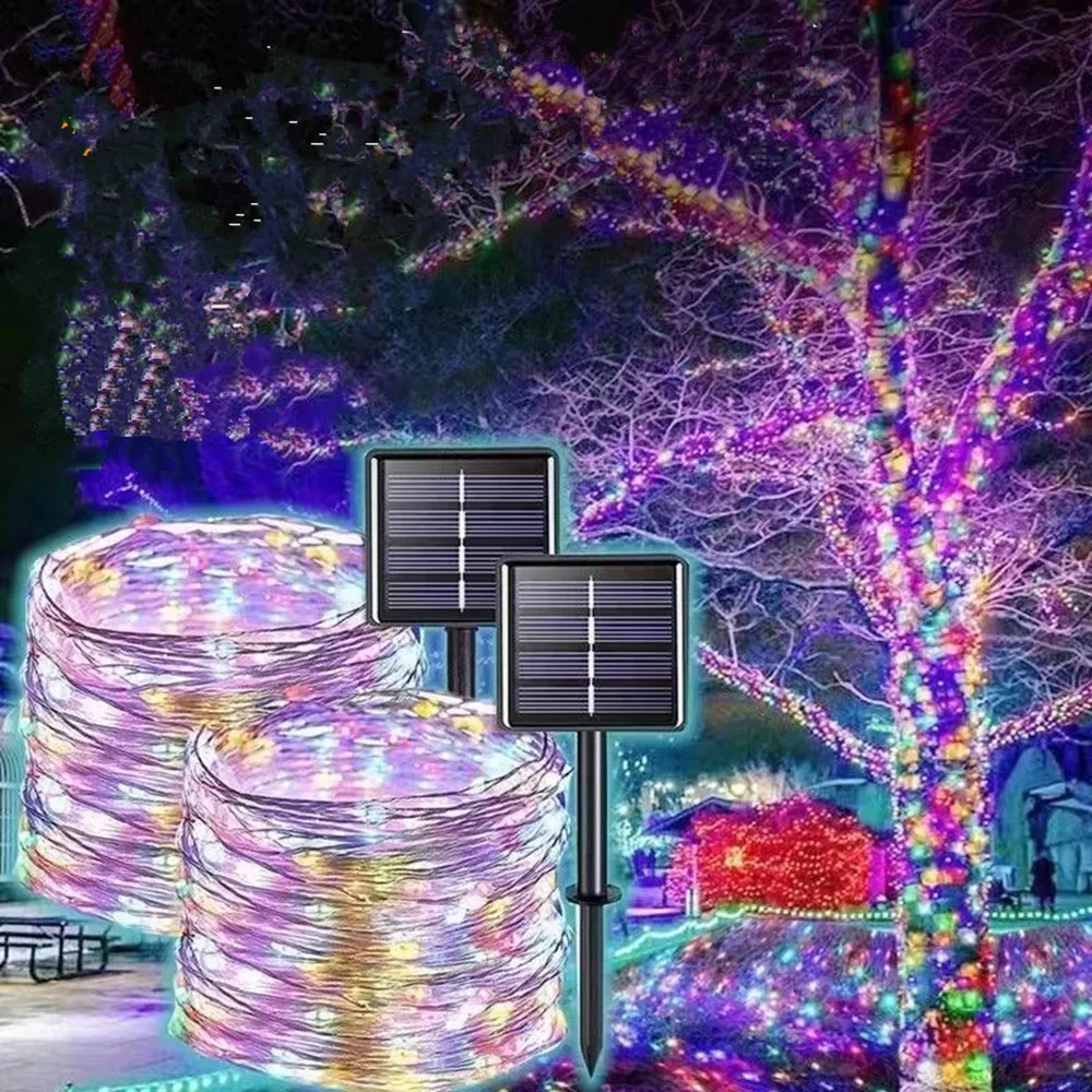 Guirlande solaire à 100/200 LED, 1 paquet, étanche, pour l'extérieur, avec 8 Modes, lumière scintillante féerique, pour arbre, noël, décoration de fête de mariage