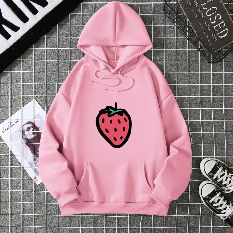 2025 New Hooded Sweatshirt Strawberry Cartoon Print Street Fashion Model Wearing Black White Unisex Casual Hoodie CYXX368