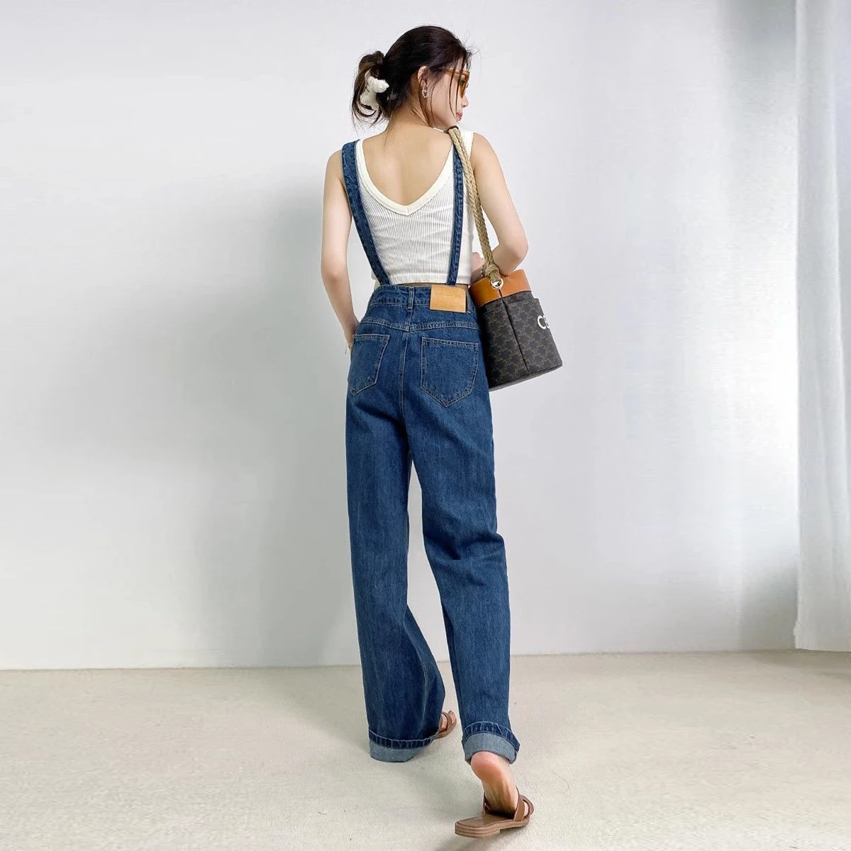 Asymmetrical fanny pack denim overalls slim 2025 new metal buckle loose versatile floor trousers  y2k pants