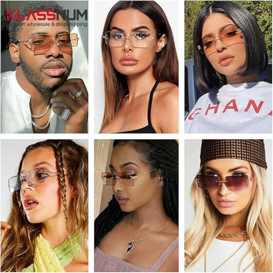KLASSNUM Rimless Sunglasses Y2K Retro Small Narrow Clear Eyewear Vintage Rectangle Sunglasses for Women Men UV400 Eyewear