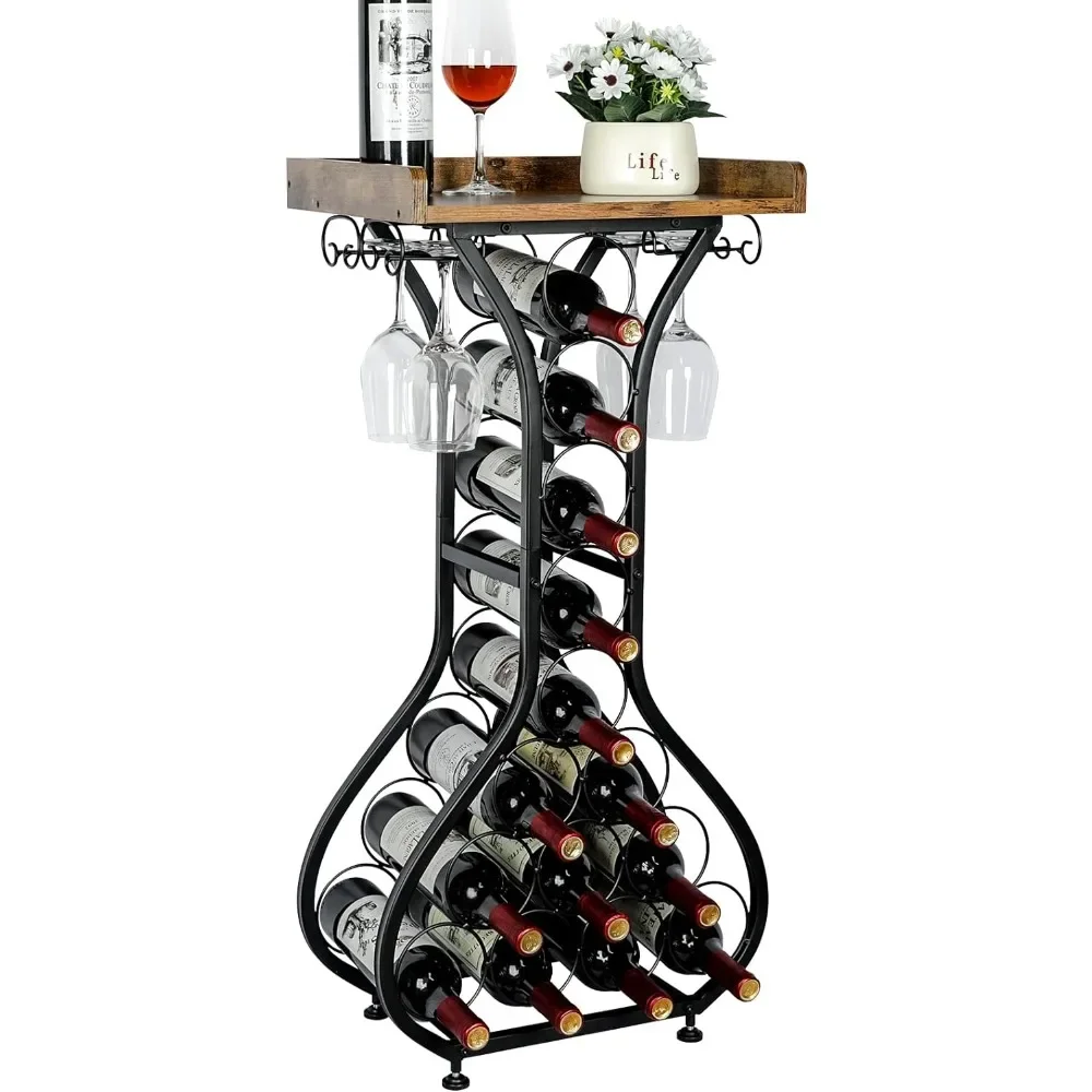 Freestanding Floor,Mini Bar Table Wine Holder Stand Liquor Cabinet with Glass Holder Wood Tabletop 14 Bottles Floor Wine Storage