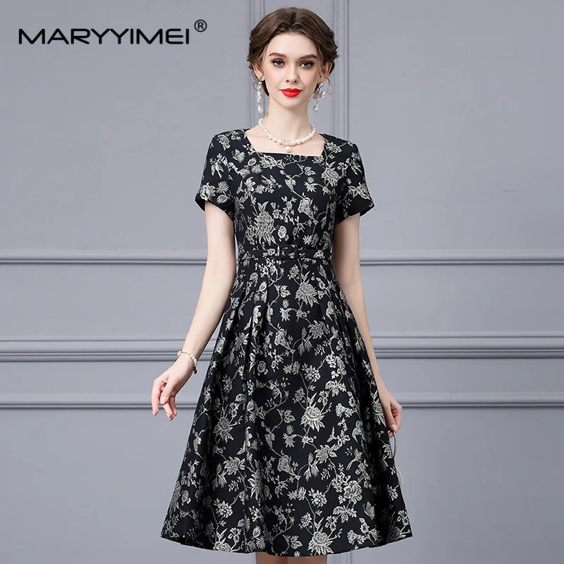 MARYYIMEI-Robe trapèze à lacets pour femme, col carré, manches courtes, jacquard, élégante, noire, vintage, robe de Rh, coupe couvertes, nouvelle mode