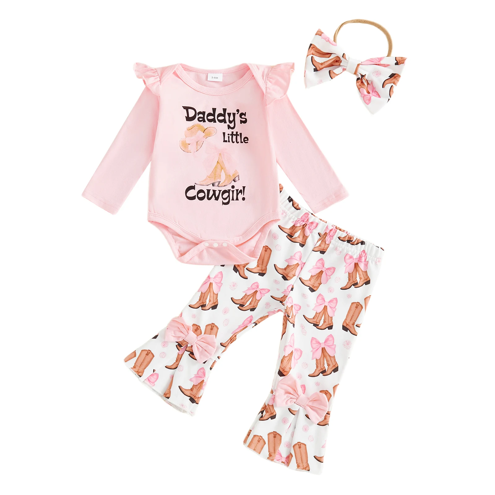 

Adorable Infant Cowgirl Attire Ruffled Romper Boot Print Bell Bottoms and Bow Headband - 3 Piece Ensemble