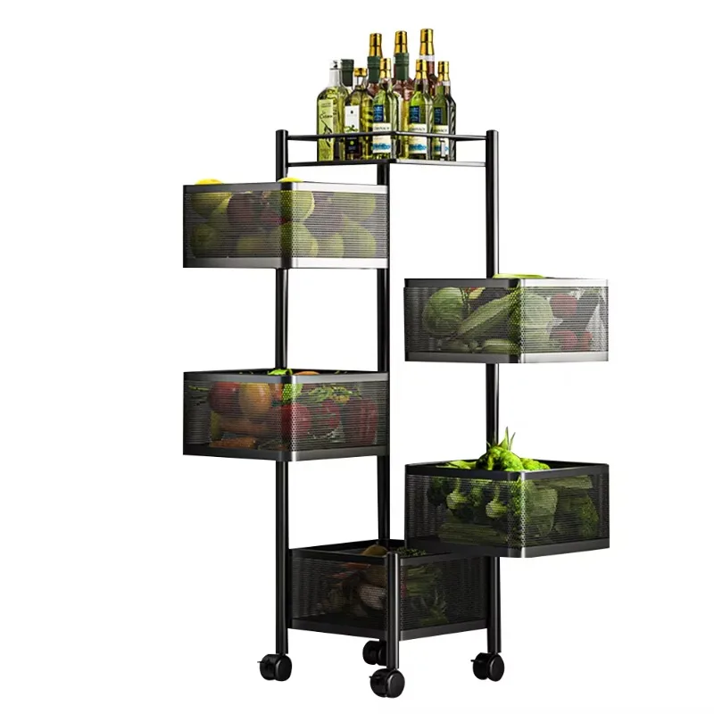 360 degree rotating basket rack kitchen trolley storage rack shelf multi-layer vegetable and fruit basket with wheels