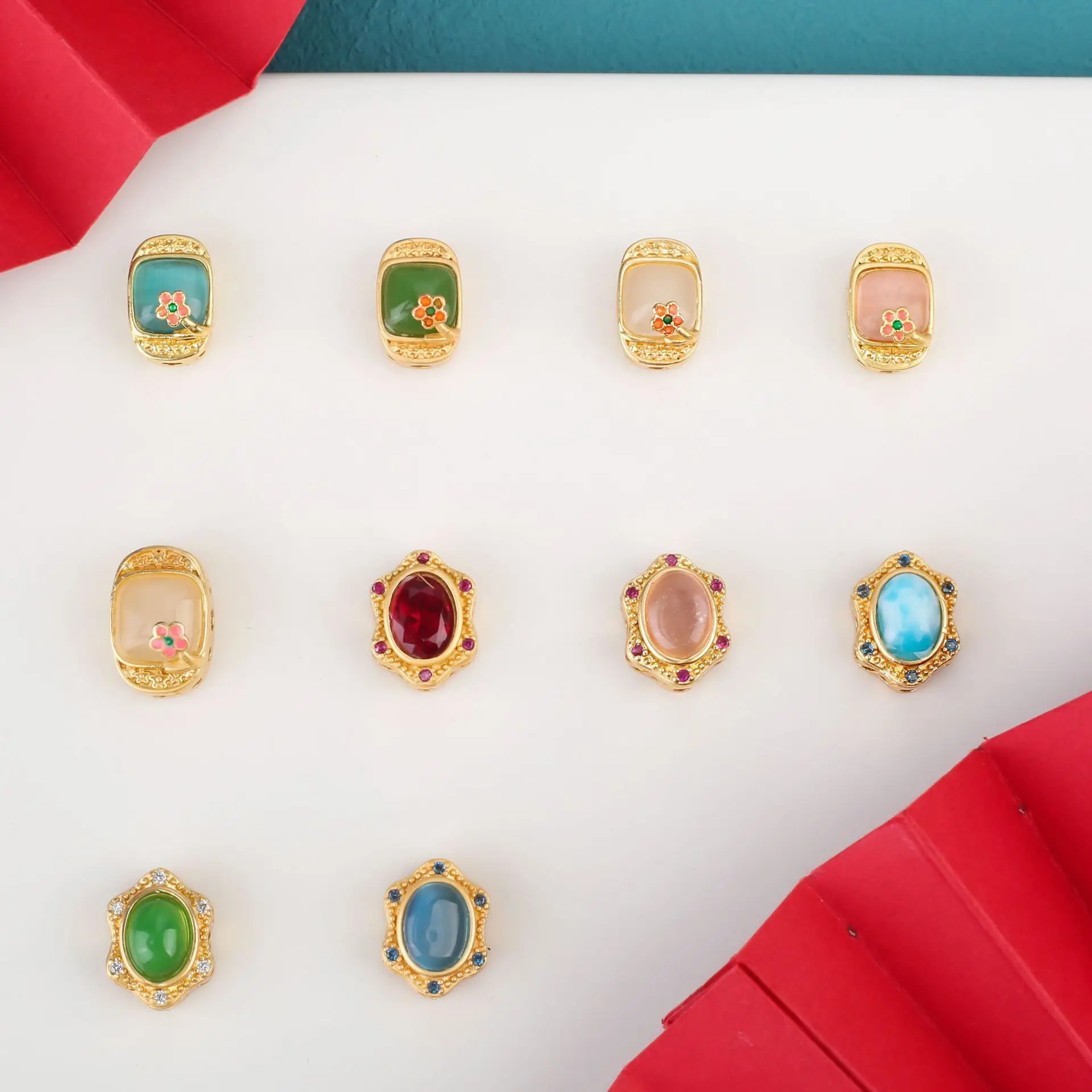 7pc Copper Plating Hollow Multi-pass Ring Inlaid Cat's Eye Stone Spacer Beads Diy Bracelet Necklace Jewelry Accessorie Wholesale