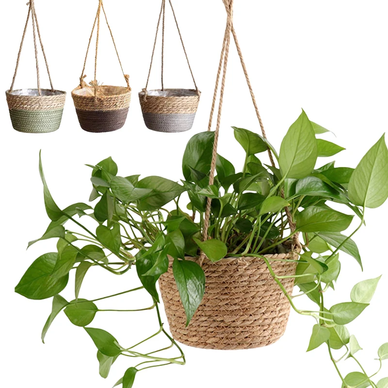 1PC Straw Hanging Basket Planter Twine Woven Flower Basket Rattan Basket Hanging Orchid Pot Pot Hanging Basin Storage Basket