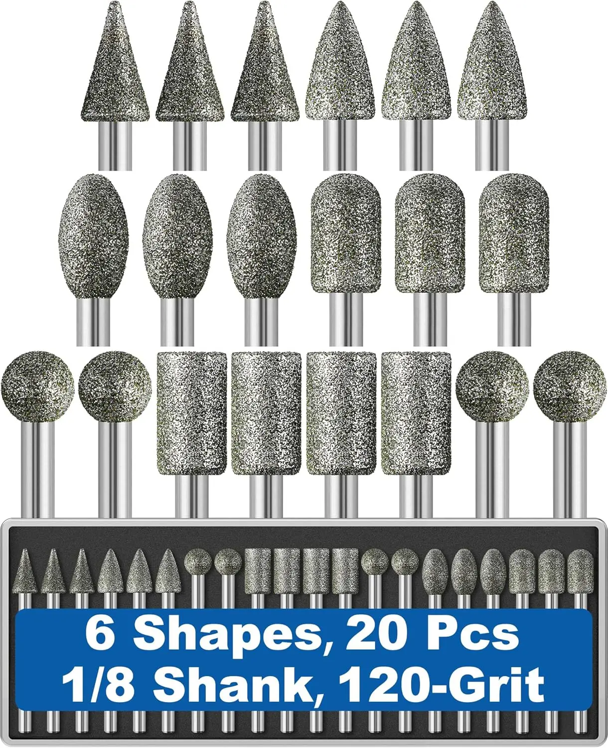

20Pcs 120-Grit Diamond Grinder Bits, 1/8" Shank for Dremel Tools, Grinding Burrs for Stone Glass Ceramic Steel Polish