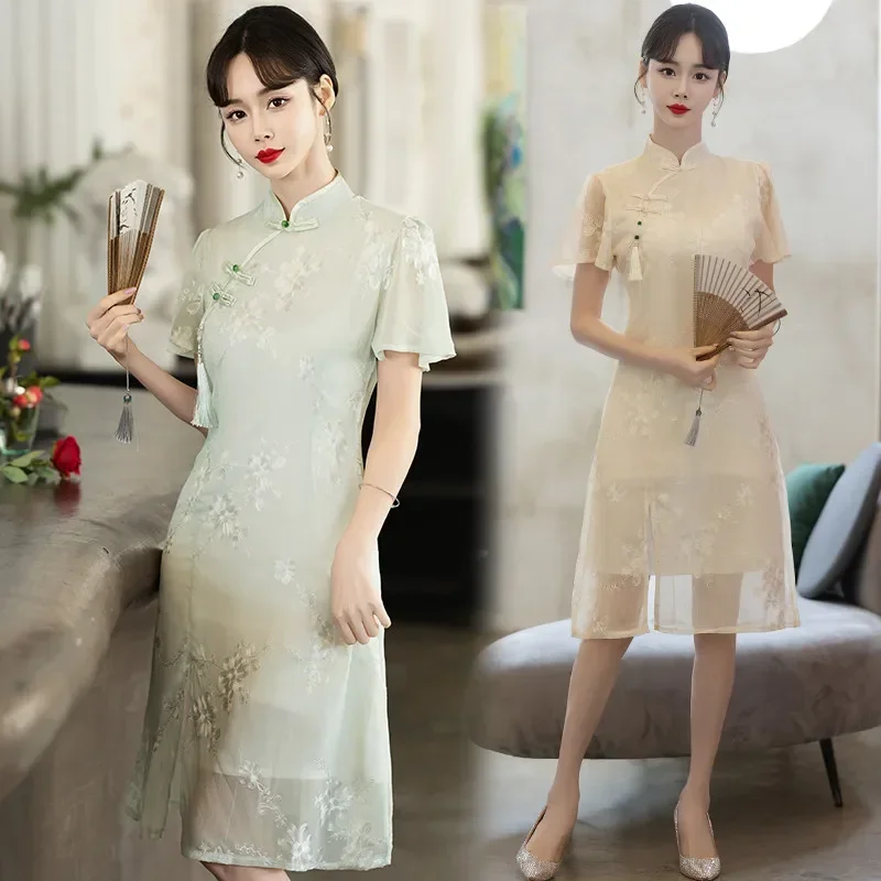 Summer New Short Sleeve Embroidered Cheongsam Light Green Apricot Chinese Style Elegant Qipao Dress Plus Size 5XL