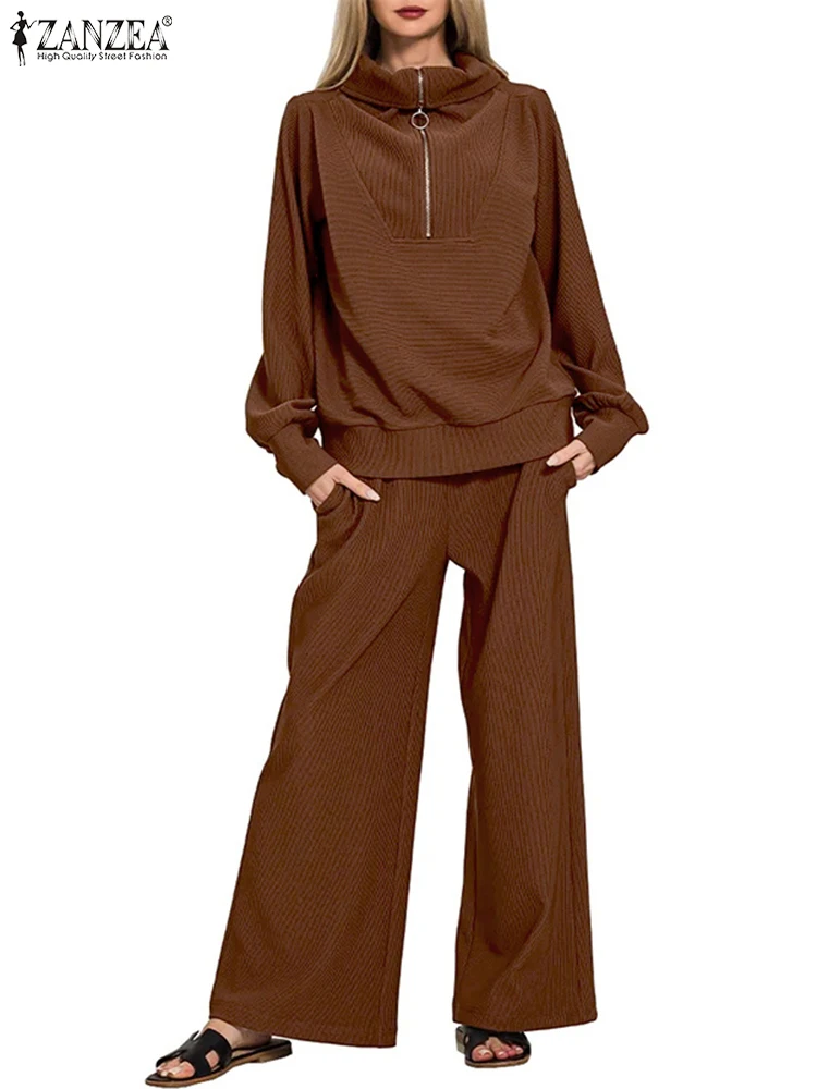 2025 ZANZEA Winter Gestrickte 2-teilige Sets Frauen Langarm Rippen Sweatshirt Hosen Sets Stilvolle Herbst Trainingsanzug Casual Outfits