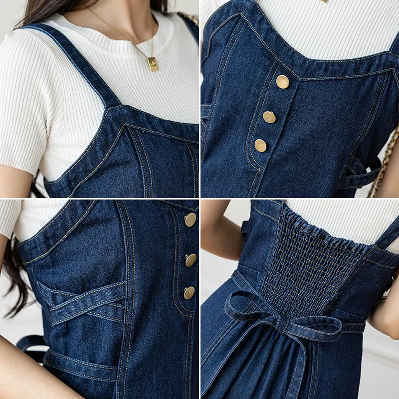 Women Denim Strap Dress High Waist Sleeveless A-Line Jean Maxi Dresses Spring Summer Lace Up Solid Color Dress S-5XL