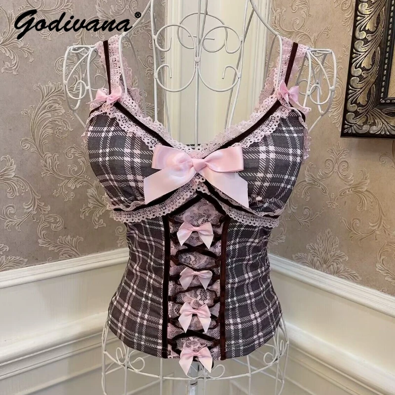 Summer Girls JK Plaid Bow Cross Lace Up Crop Tops Slimming Lolita Style Sweet Camisole Sexy Tank Tops for Women