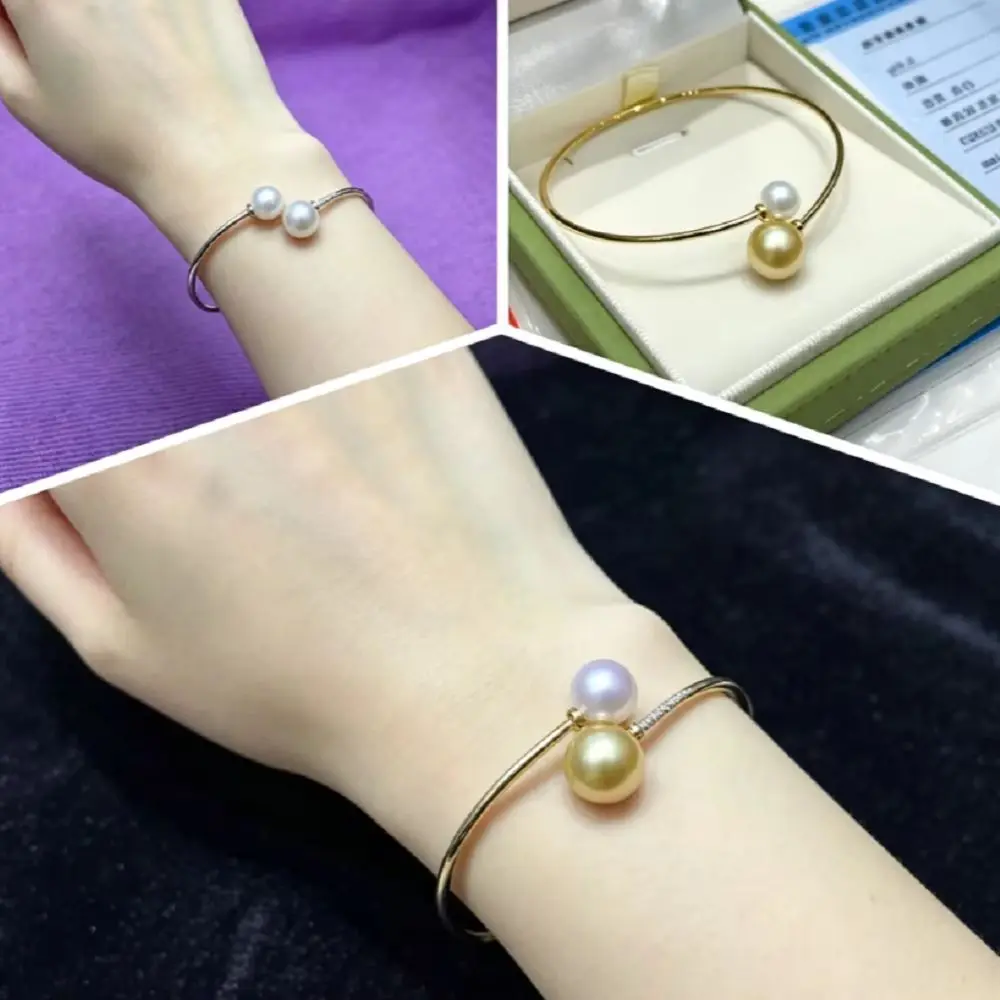 Double bead bracelet AAAA10-11mm gold beads and 6-7mm natural pearl white bracelet 9-10mm