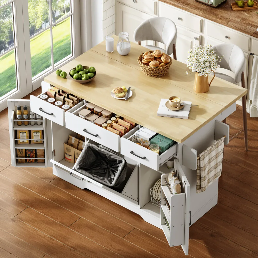 Îlot de cuisine mobile 120 × 45 (70) × 87 cm avec plan de travail pliable, chariot de cuisine multifonctionnel, armoire de rangement autoportante, armoire à déchets intégrée équipée d'un porte-épices, grand tiroir et roulettes universelles flexibles pour une utilisation domestique en cuisine.