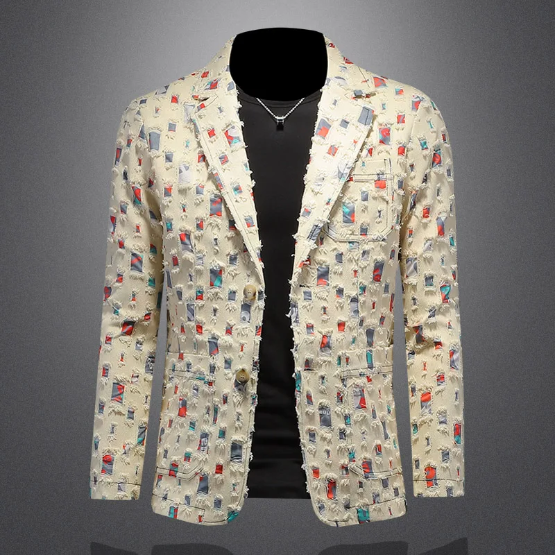 

Faionable Casual Men's Floral Denim Suit High-End Sle Large Size Stand Fit Long Sve round Hem Tailored Urban Wear