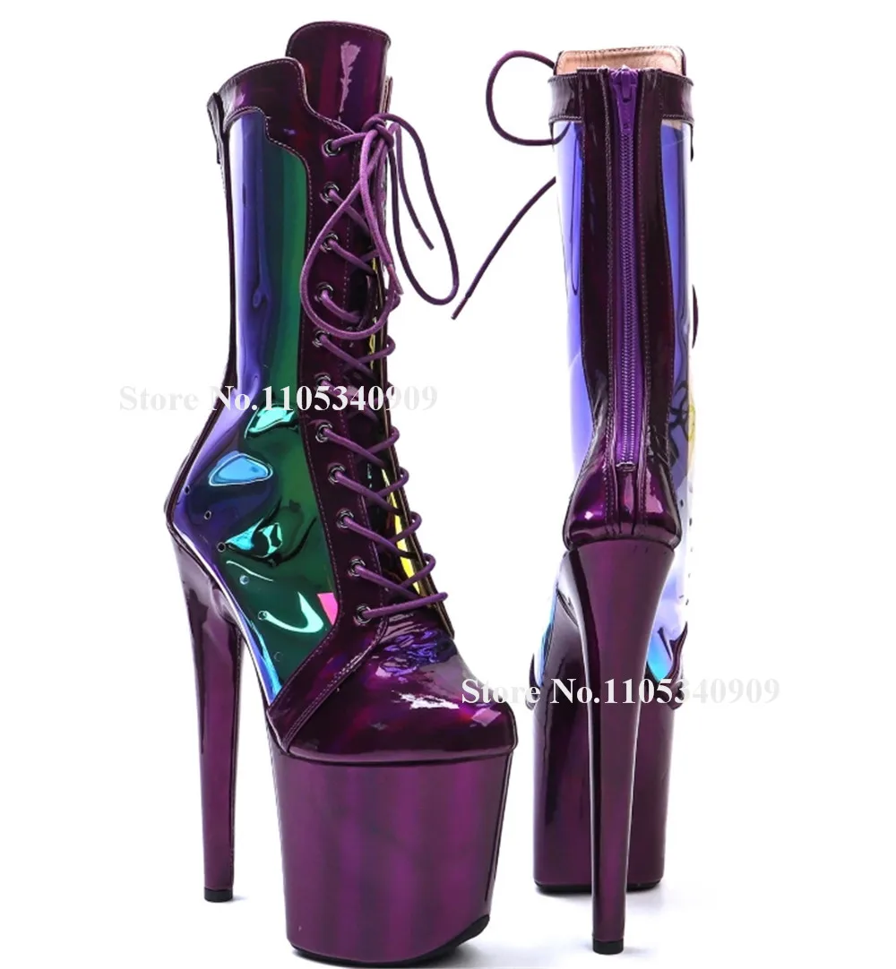Bondarenko Puprle Patent Leather Patchwork PVC Stiletto Short Boots Round Toe Lace-up High Platform 20cm Thin Heel Dance Shoes