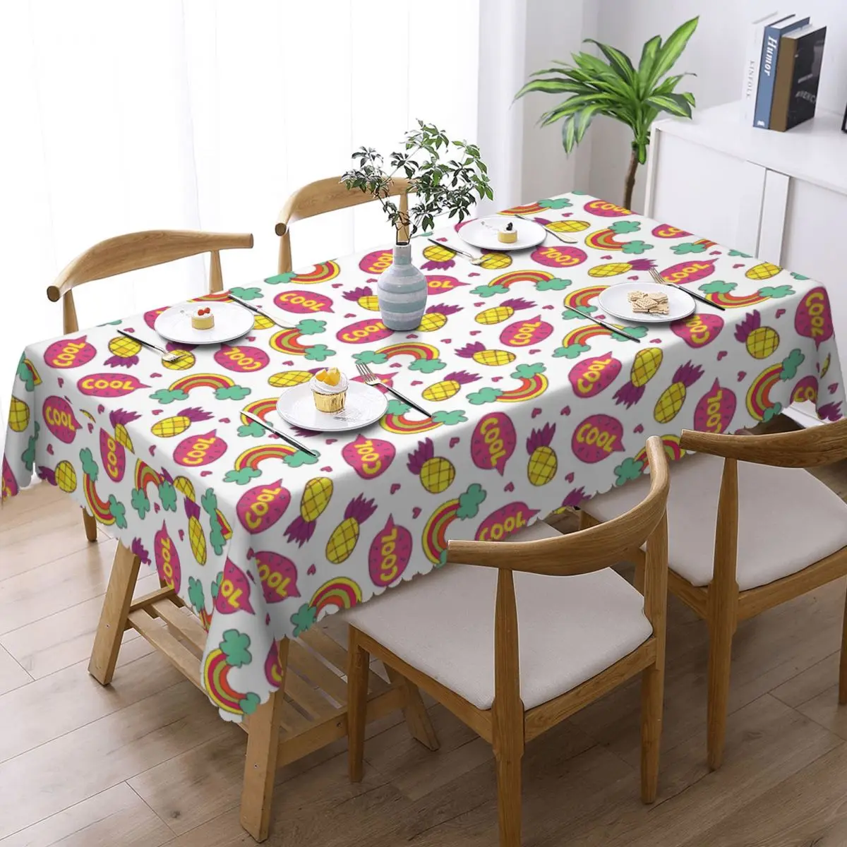 Custom Rectangular Oilproof Modern Colorful Pineapple Rainbow Table Cover Table Cloth Tablecloth for Picnic