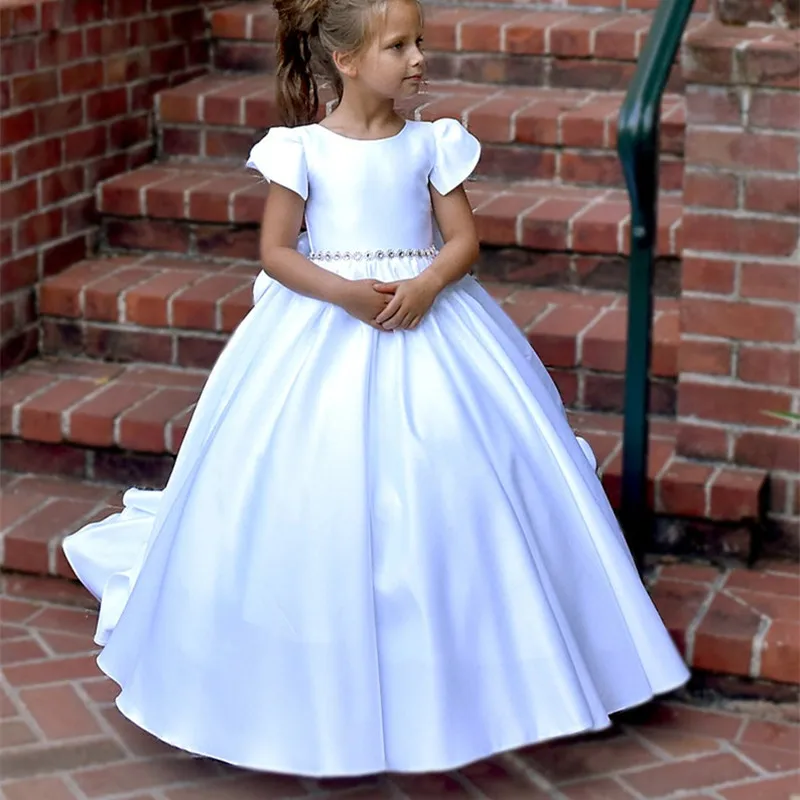 Vestido de flor branca com trem longo para meninas, princesa arco, vestido de festa de casamento, aniversário, moda comunhão, vintage