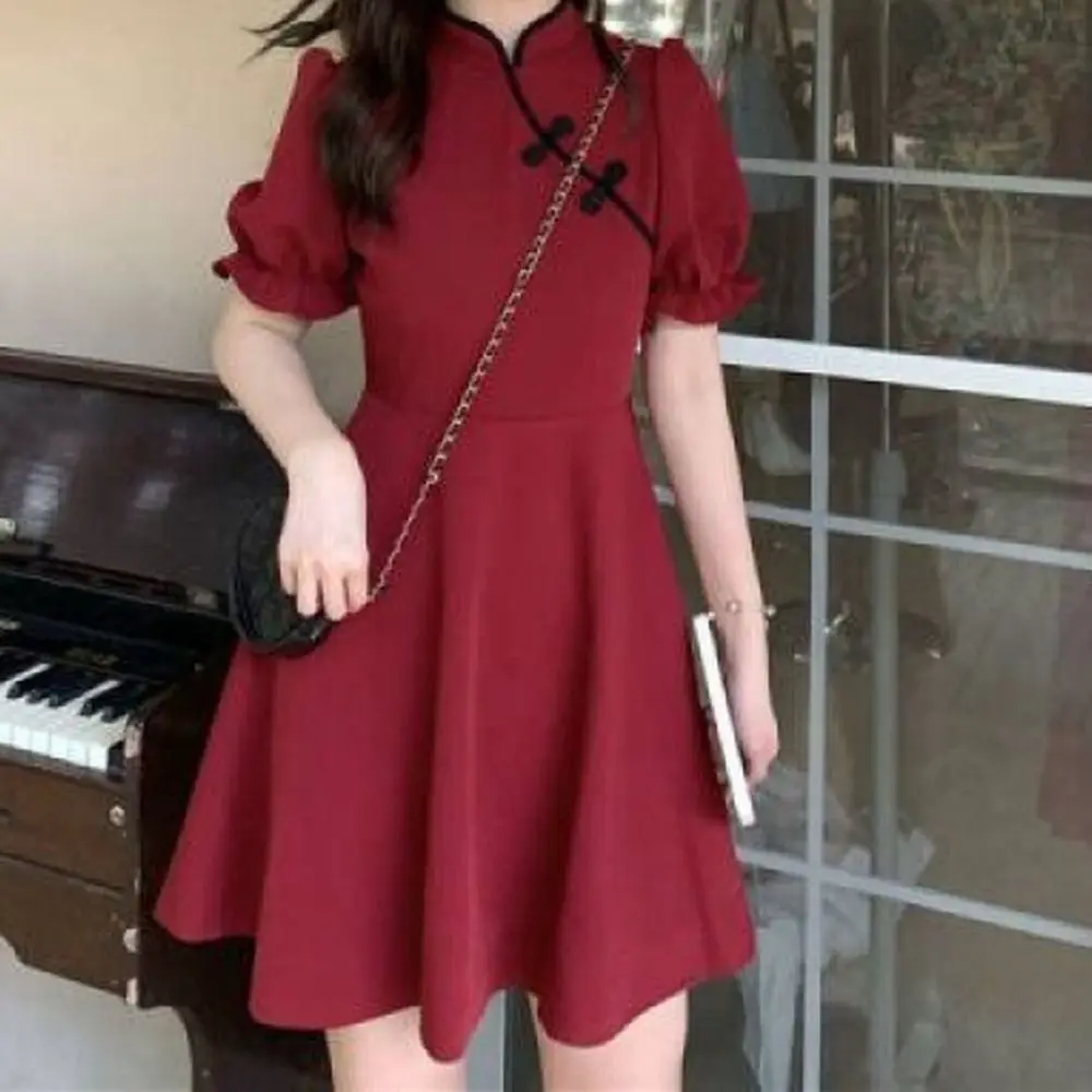 Vestido Qipao de botão de nó chinês para mulheres, saia curta cheongsam vermelho doce, gola alta, manga curta, chi-pao, verão