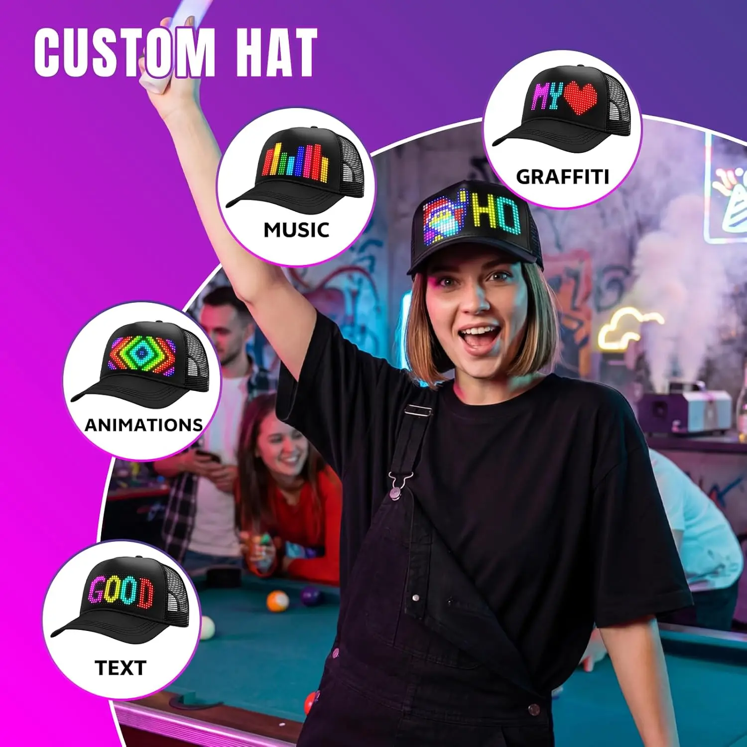 Led Baseball Cap Usb App Control Bluetooth Rechargeable Scrolling Atmosphere Message Board Hop Display Hat Glowing Hat Hip
