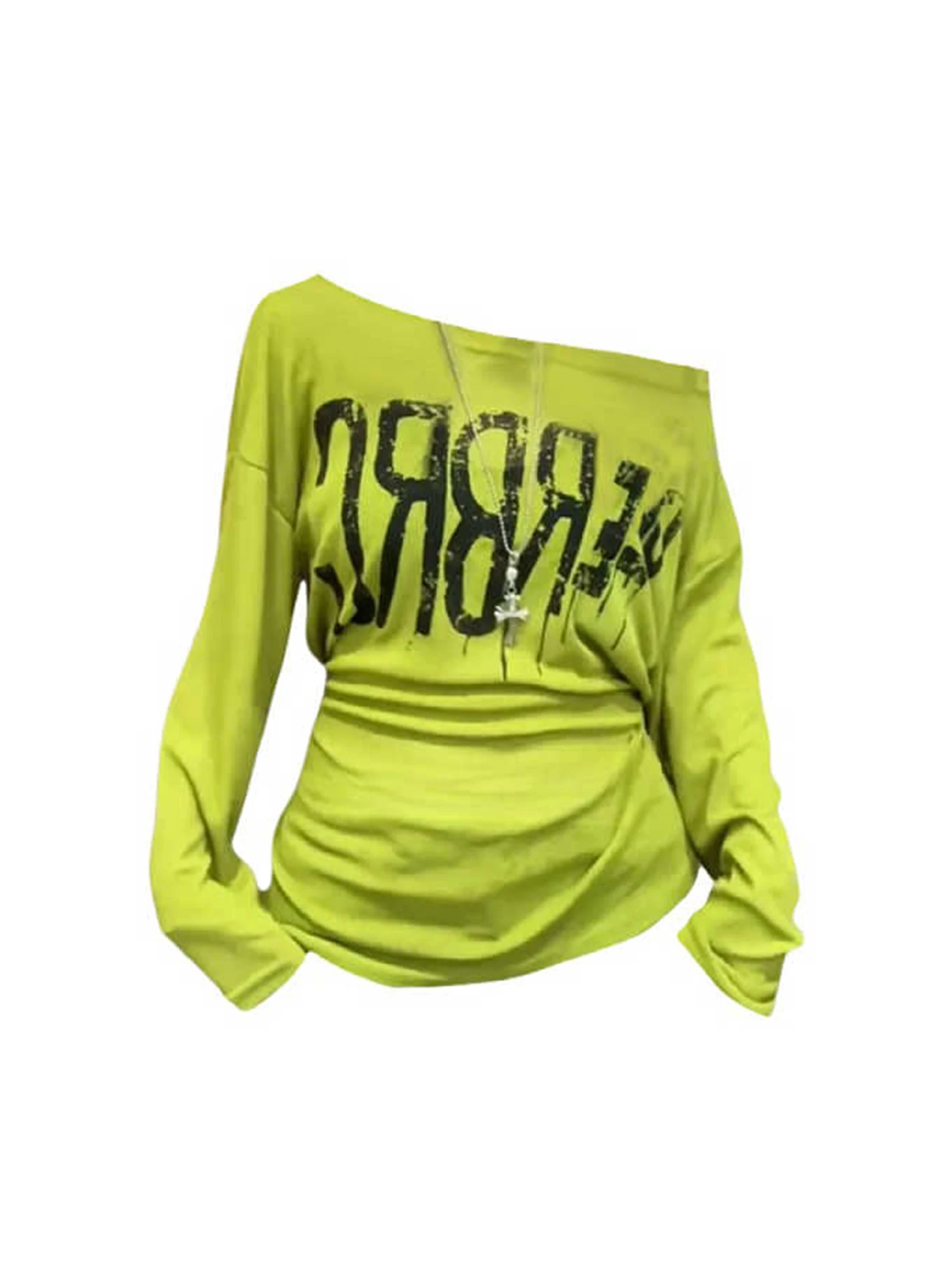 

Women Green Y2k Gyaru T-shirt Vintage Harajuku Tee Top Letter Print Dropped Shoulders Long Sleeve T-shirts 2000s Clothes Autumn