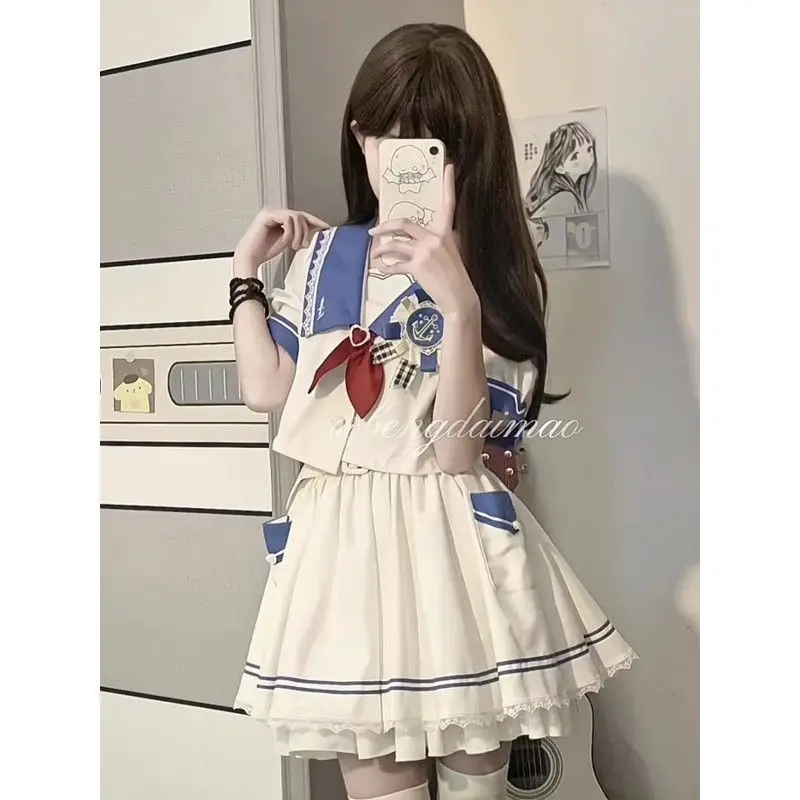 JK Uniform Plus Size S-8xl Girls Sailor Uniform Shirt Patchwork Ruffled Skirt Two-piece Set Women Can Be Wholesale