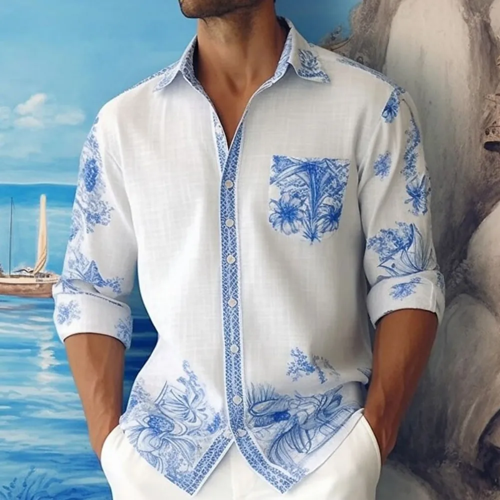 Hawaiian Men's Fashionable Shirt Luxurious and Comfortable Bamboo Long-Sleeved Left Side Patch Pocket Lapel Shirt 2025 Hot Versi