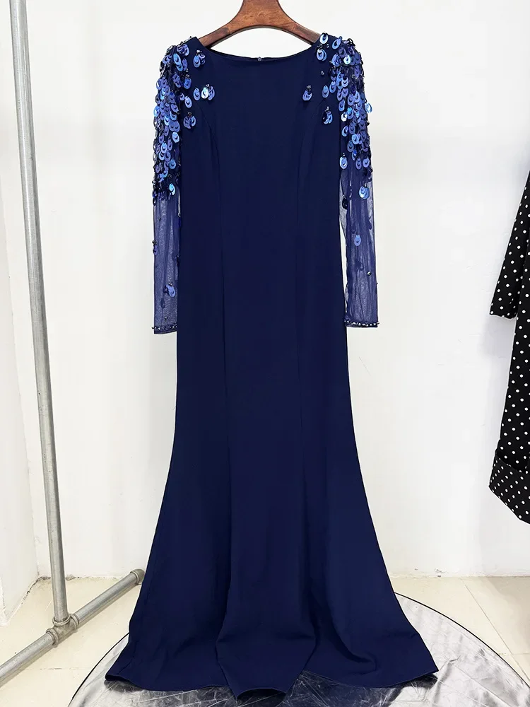 Aangepaste elegante pailletten geborduurde uitlopende tule damesavondjurk met lange mouwen 2026 lente zomer nieuwe stijl dzi Uchadro •