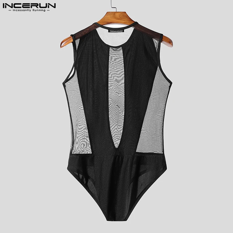 INCERUN Uomo Mesh Splicing Tute senza maniche 2024 Casual Ben aderente Girocollo Onesies Maschile Comodo Homewear Loungewear