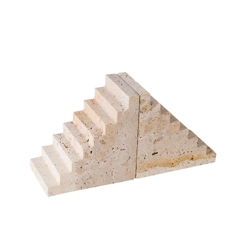 1pc Sample Factory Price Customized wholesale Natural Yellow Travertine Stone Stepped Book File Bookends