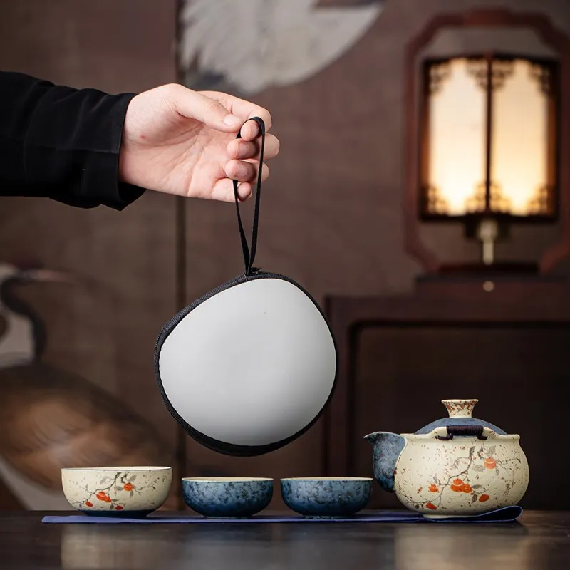 Blue And White Flint Red Hand-held Teapot Lid Bowl Anti Scalding Teapot Tea Cup Outdoor Portable Travel Tea Set One Pot Three