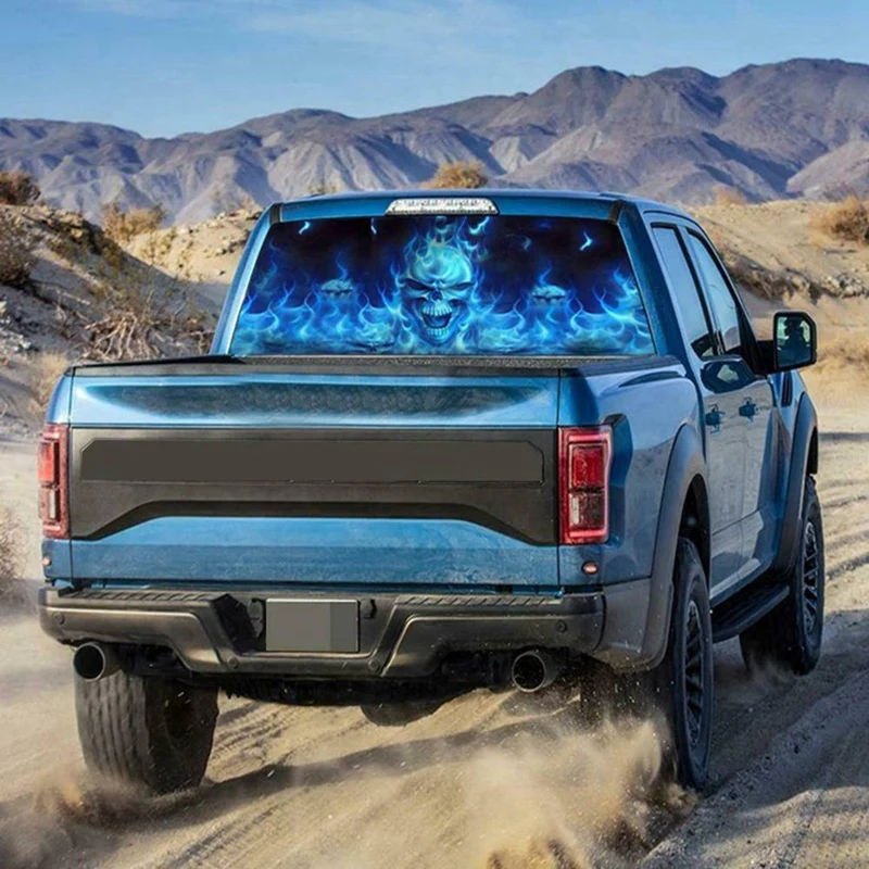 2X One Way Vision For Suv Pickup Blue Flaming Skull 3D Rear Windshield Decal Sticker Decor Rear Window Glass Poster