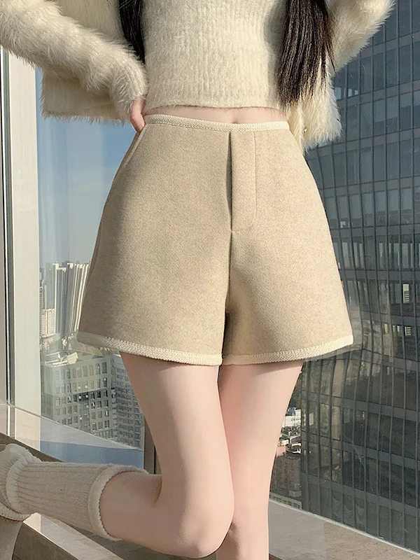 High Waist A-Line Woolen Short Pants Women's Fashion Korean Style Autumn Winter New Arrival Straight Leg Base Layer Boot Pants