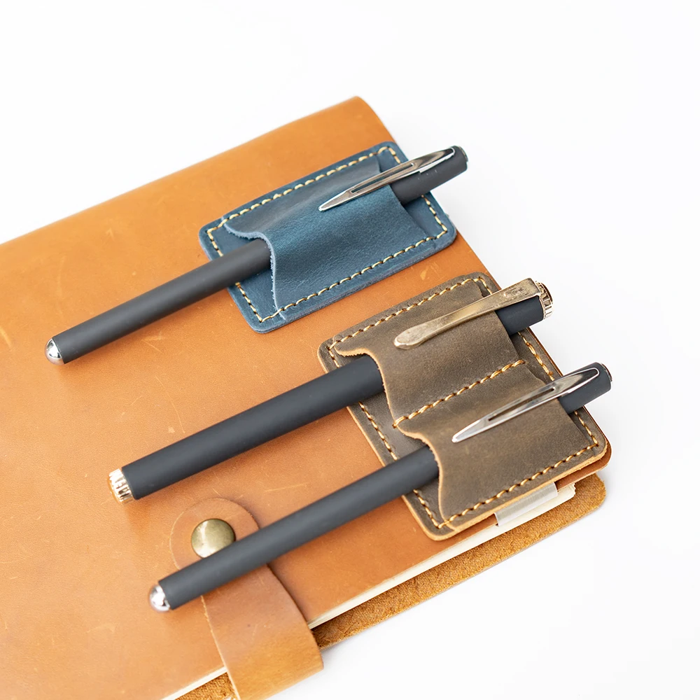 Portalápices de piel de vaca, hecho de cuero Crazy Horse vintage, adecuado para libros de mano de viajeros con portalápices con clip de acero inoxidable