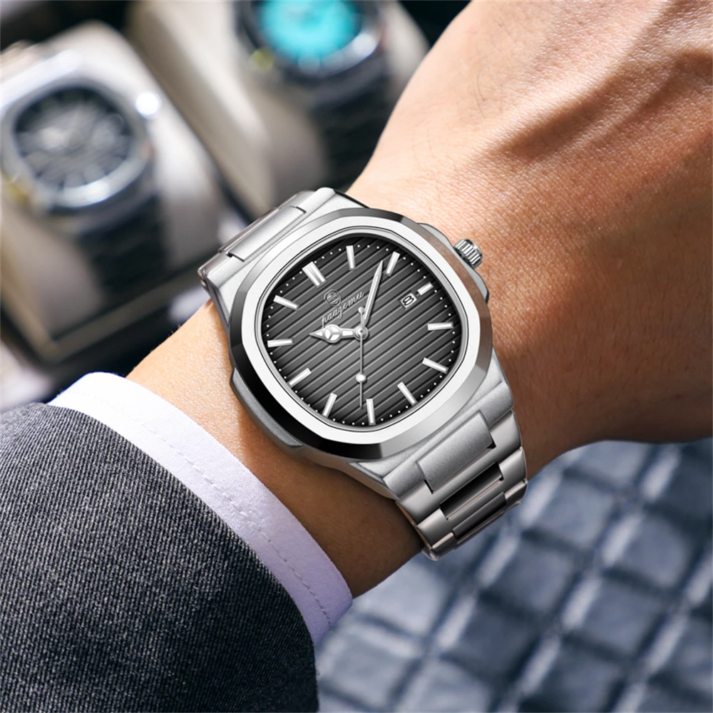 PAAZOMU ساعة فاخرة للأعمال 50 ATM مقاوم للماء ساعة رجالية مضيئة تاريخ الفولاذ المقاوم للصدأ ساحة كوارتز ساعات رجالية reloj hombre
