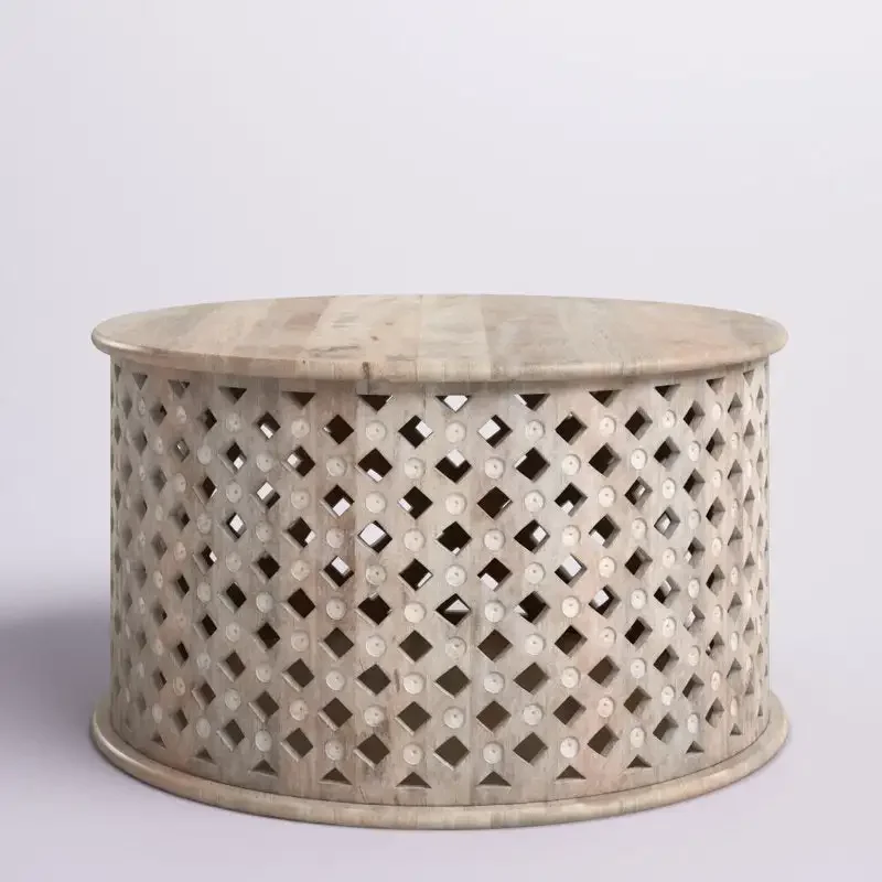 Handmade solid wood round coffee table grid, carved base decoration combination function, suitable for the interior of the