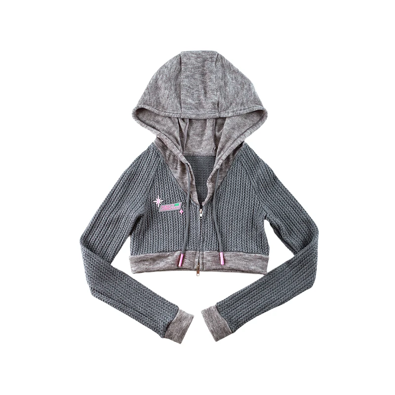 Coat Women's Spring Summer New Drawstring Hooded Twist Knitted Zipper Sports Casual Cardigan Gray Short and Long Sweater SlimFit