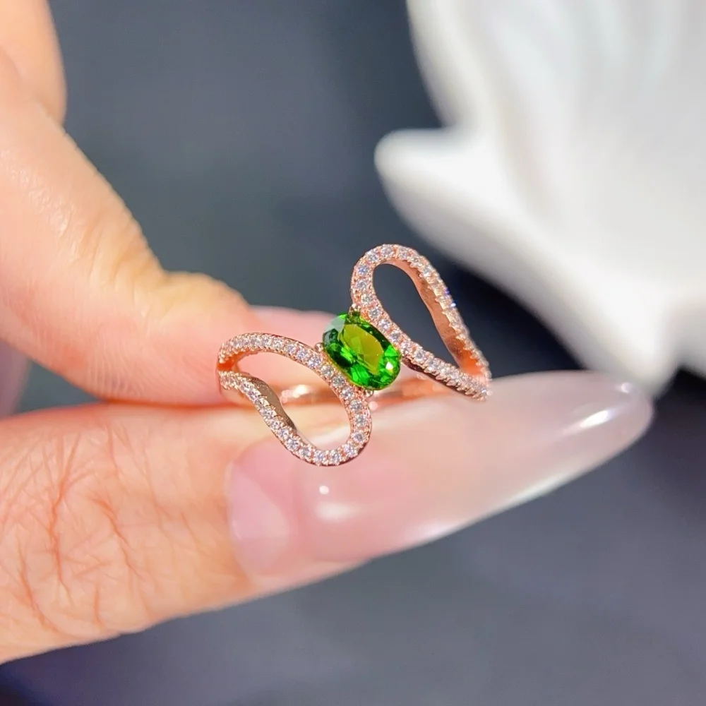 S925 4×6mm Sterling Silver Natural Diopside Gemstone Ring for Women Fashion Healing Jewelry Stylish Accessory Sweet Gift