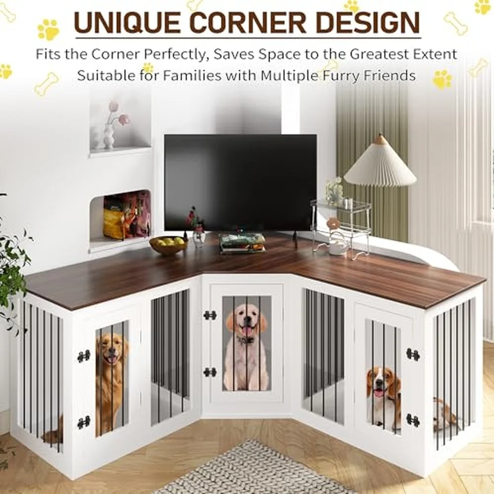Large Dog Crate Furniture for 3 Dogs 113'' Corner Dog Crate with Divider 3 in 1 Heavy Duty Indoor Wooden Dog Kennel